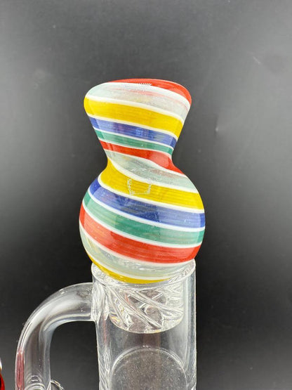Import Glass Spinner Cap - Linework Swirl for 28mm Bangers with vibrant stripes for enhanced airflow.