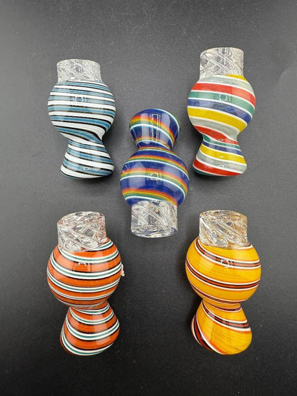 Import Glass Spinner Cap - Linework Swirl for 28mm Bangers - colorful glass spinner caps on a black background.