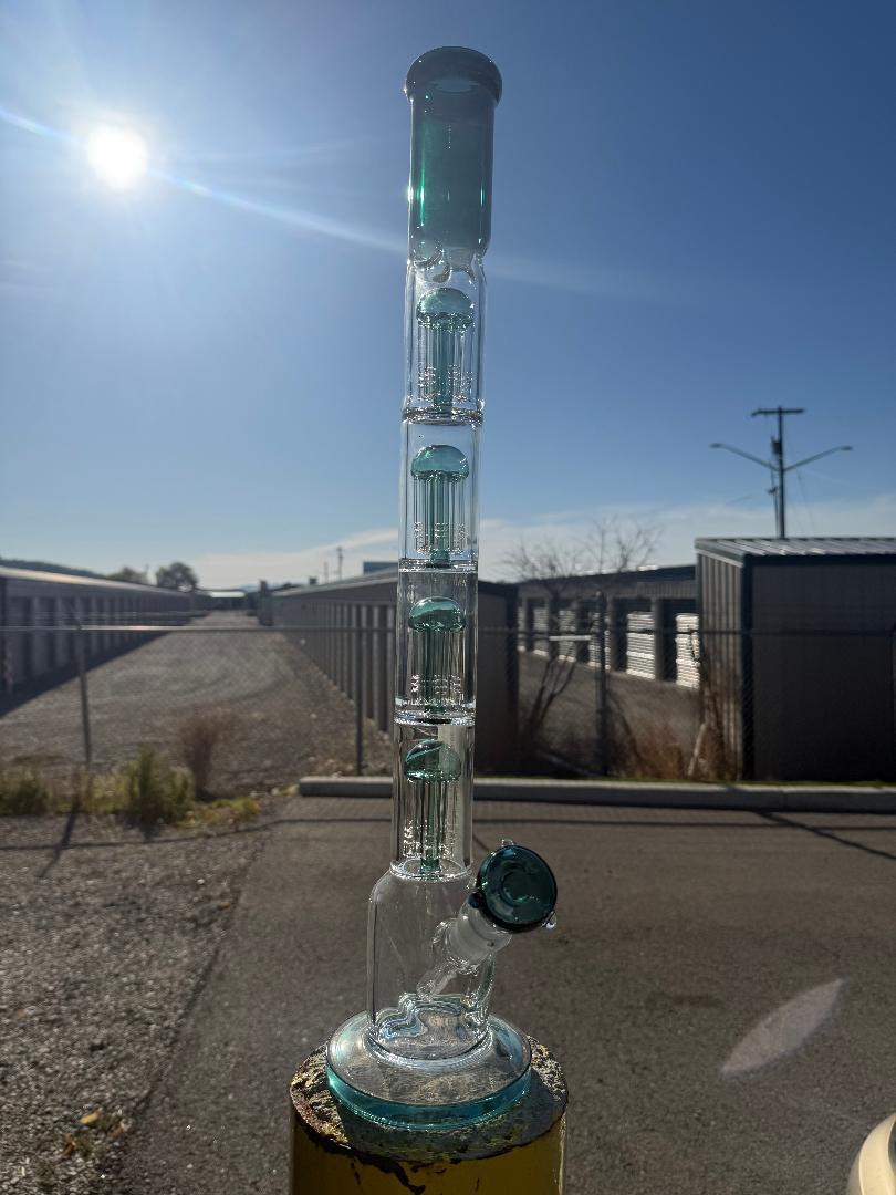 Import Quad Tree Perc Straight Tube 24" in green/teal with quad tree percolator, designed for smooth hits and filtration.