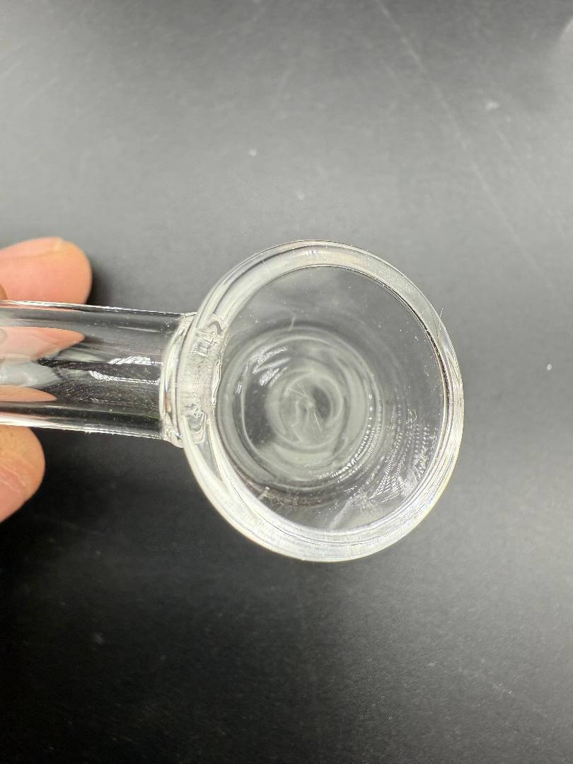 Import Quartz Banger - Male 10mm 90 Angled Thin Wall viewed from above, highlighting the clear quartz and thin design.