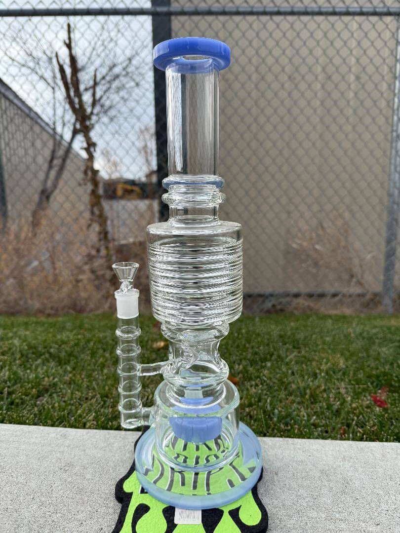 Import Slit Disk Perk Large Maria Straight Tube 14mm 90° with blue accents and durable borosilicate glass.