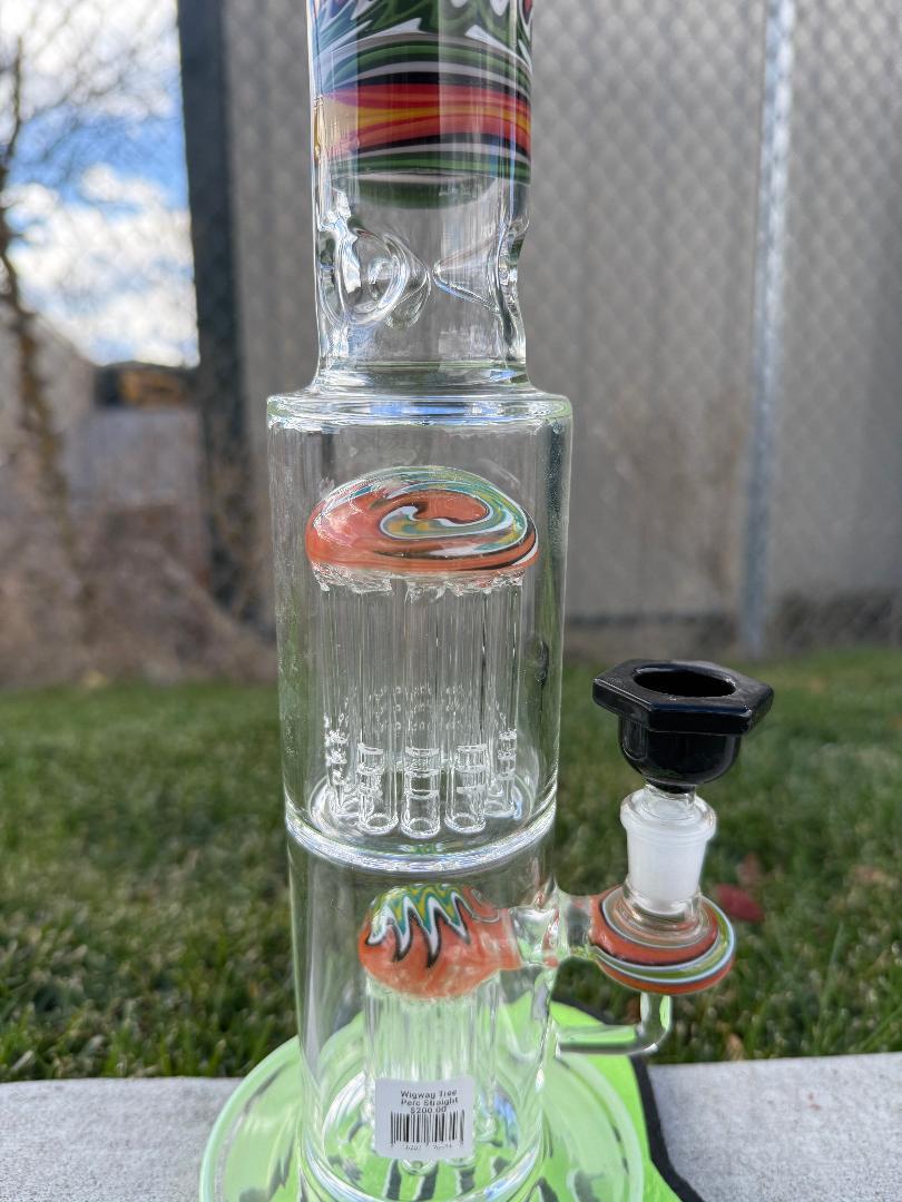Import Wigwag Tree Perc Straight 15" 14mm 90° water pipe with colorful design and tree percolator for smooth filtration.