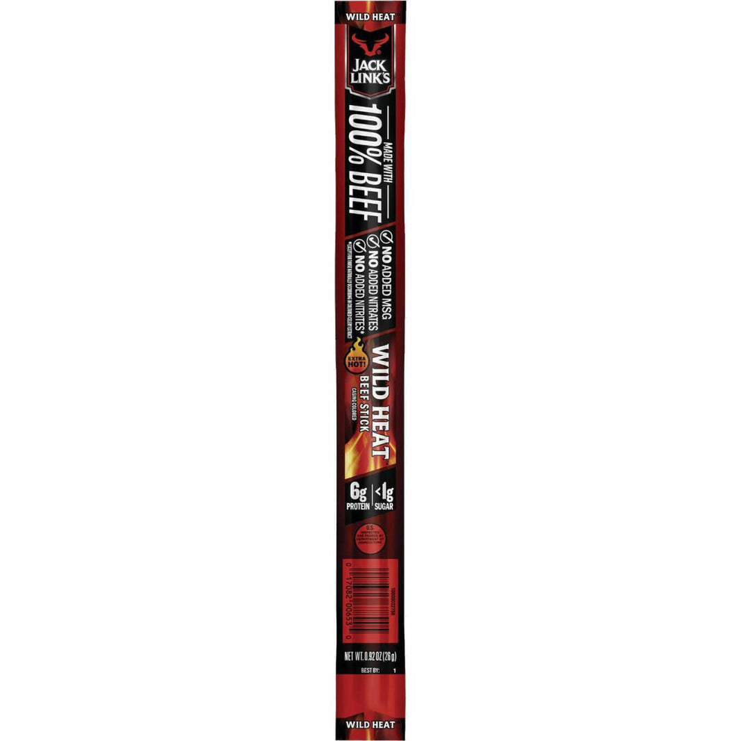 Jack Link's Wild Heat Beef Stick packaging featuring bold flavors and 100% premium beef.