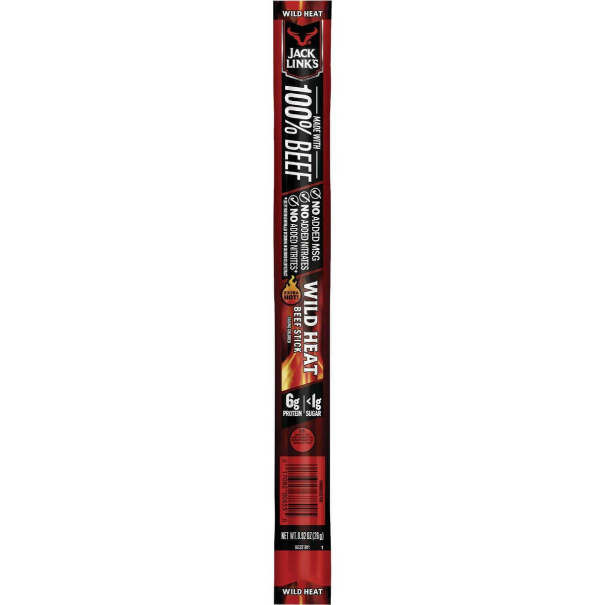Jack Link's Wild Heat Beef Stick packaging featuring bold flavors and 100% premium beef.
