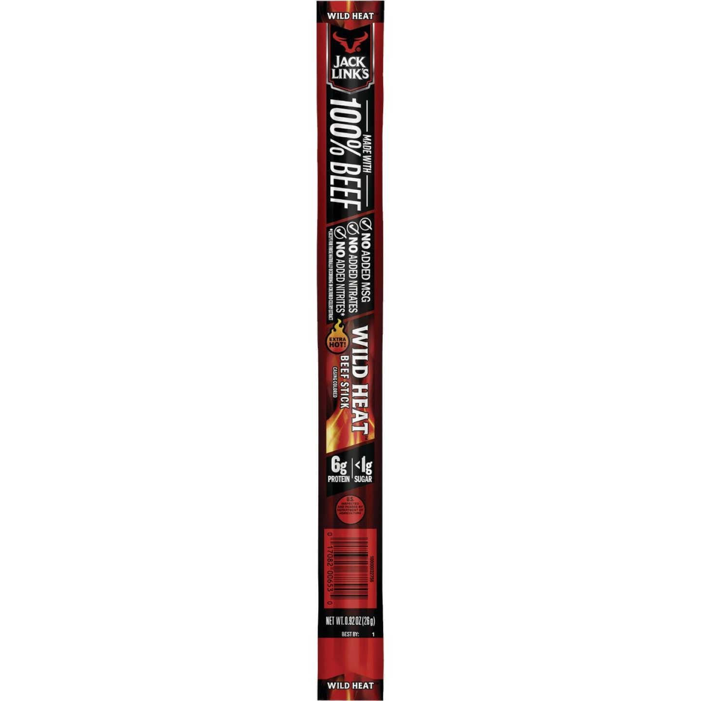 Jack Link's Wild Heat Beef Stick packaging featuring bold flavors and 100% premium beef.