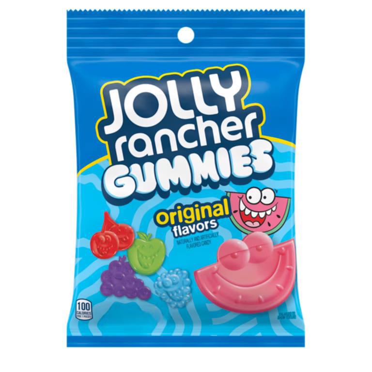 Jolly Rancher Gummies original flavors packaged in a vibrant blue bag featuring assorted fruity gummy shapes.