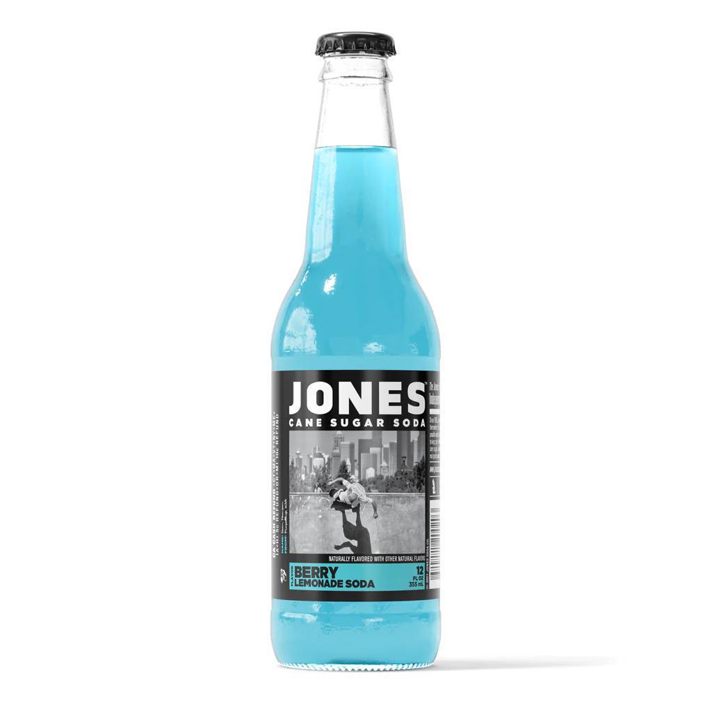 Jones Soda 12oz Bottle - Berry Lemonade flavor in a classic glass bottle with real cane sugar.