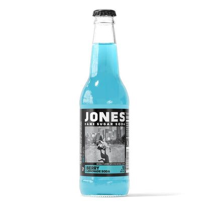 Jones Soda 12oz Bottle - Berry Lemonade flavor in a classic glass bottle with real cane sugar.