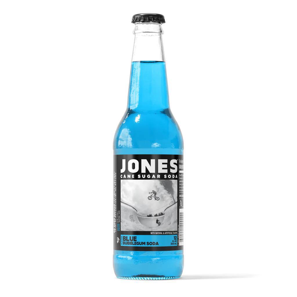 Jones Soda 12oz Bottle - Blue Bubblegum flavor in a classic glass bottle with a stylish label.
