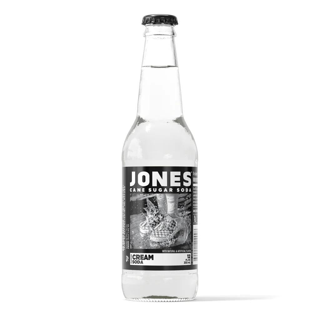 Jones Soda 12oz Bottle showcasing bold cream soda flavor in a classic glass design with cane sugar.