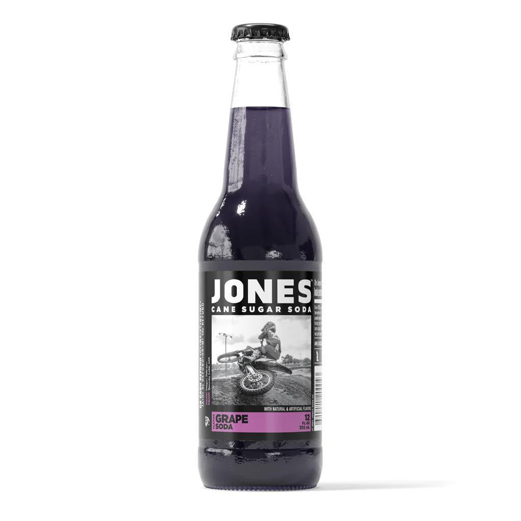 Jones Soda 12oz Bottle featuring grape flavor with real cane sugar in a classic glass bottle.