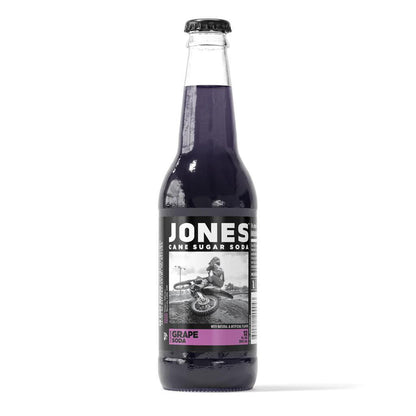 Jones Soda 12oz Bottle featuring grape flavor with real cane sugar in a classic glass bottle.
