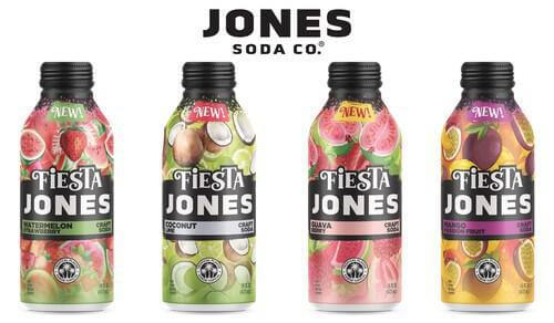 Jones Soda Fiesta – Watermelon Strawberry (16oz Bottle) featuring other tropical flavors like Coconut, Guava, and Mango.