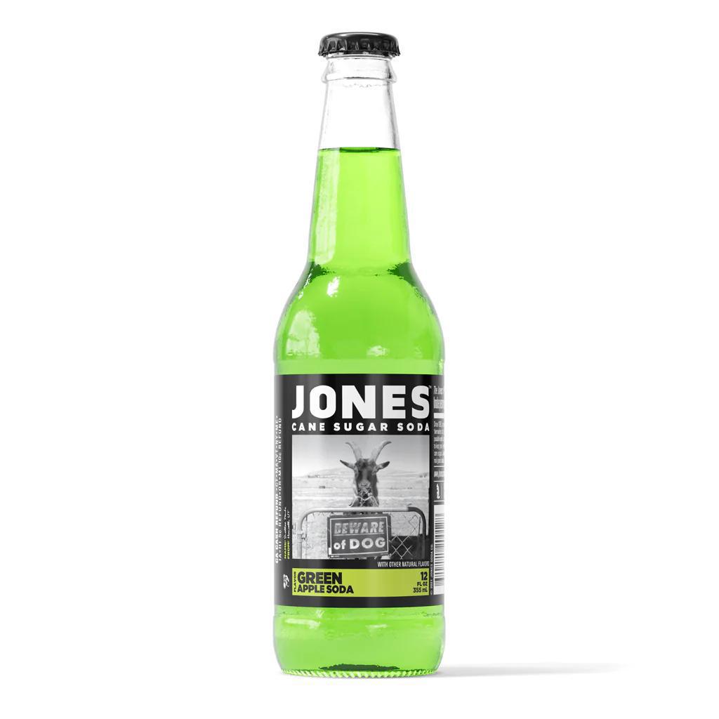 Jones Soda 12oz Bottle featuring Green Apple flavor in a classic glass bottle with cane sugar.
