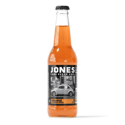 Jones Soda 12oz Bottle - Orange Cream Soda in a classic glass bottle with cane sugar and iconic design.