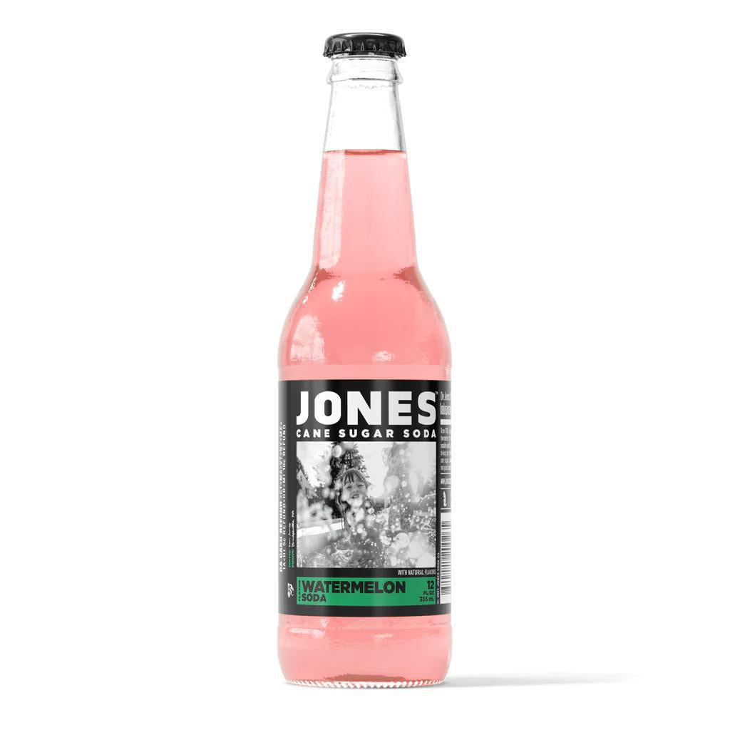 Jones Soda 12oz Bottle with Watermelon flavor in signature glass packaging, showcasing bold color and iconic branding.