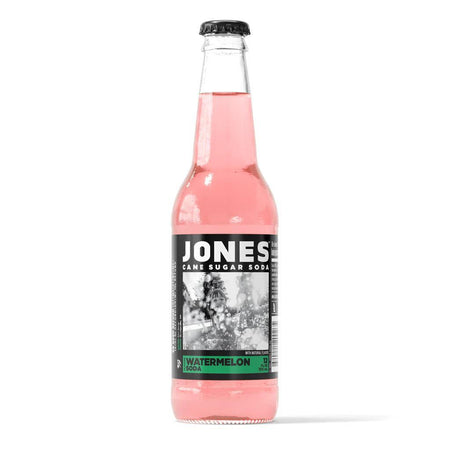 Jones Soda 12oz Bottle with Watermelon flavor in signature glass packaging, showcasing bold color and iconic branding.