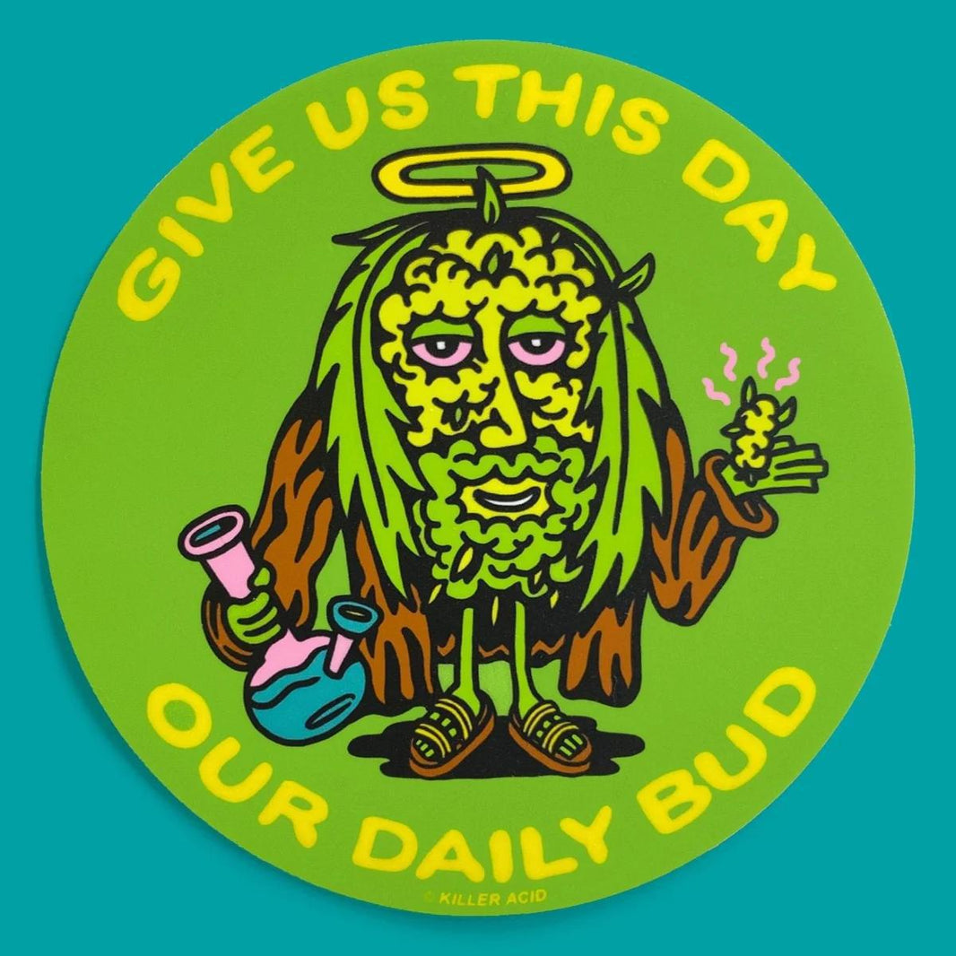 Killer Acid Sticker - Jesus Bud featuring vibrant psychedelic art with humor, perfect for personalizing gear.