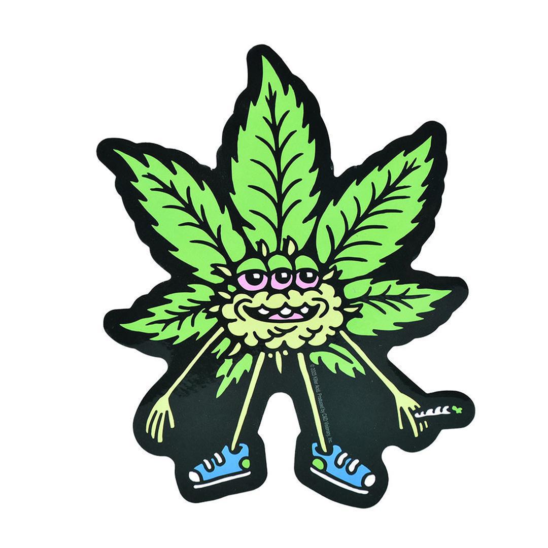 Killer Acid Sticker - Bud Buddy featuring a cartoonish cannabis leaf character with shoes and a playful design.