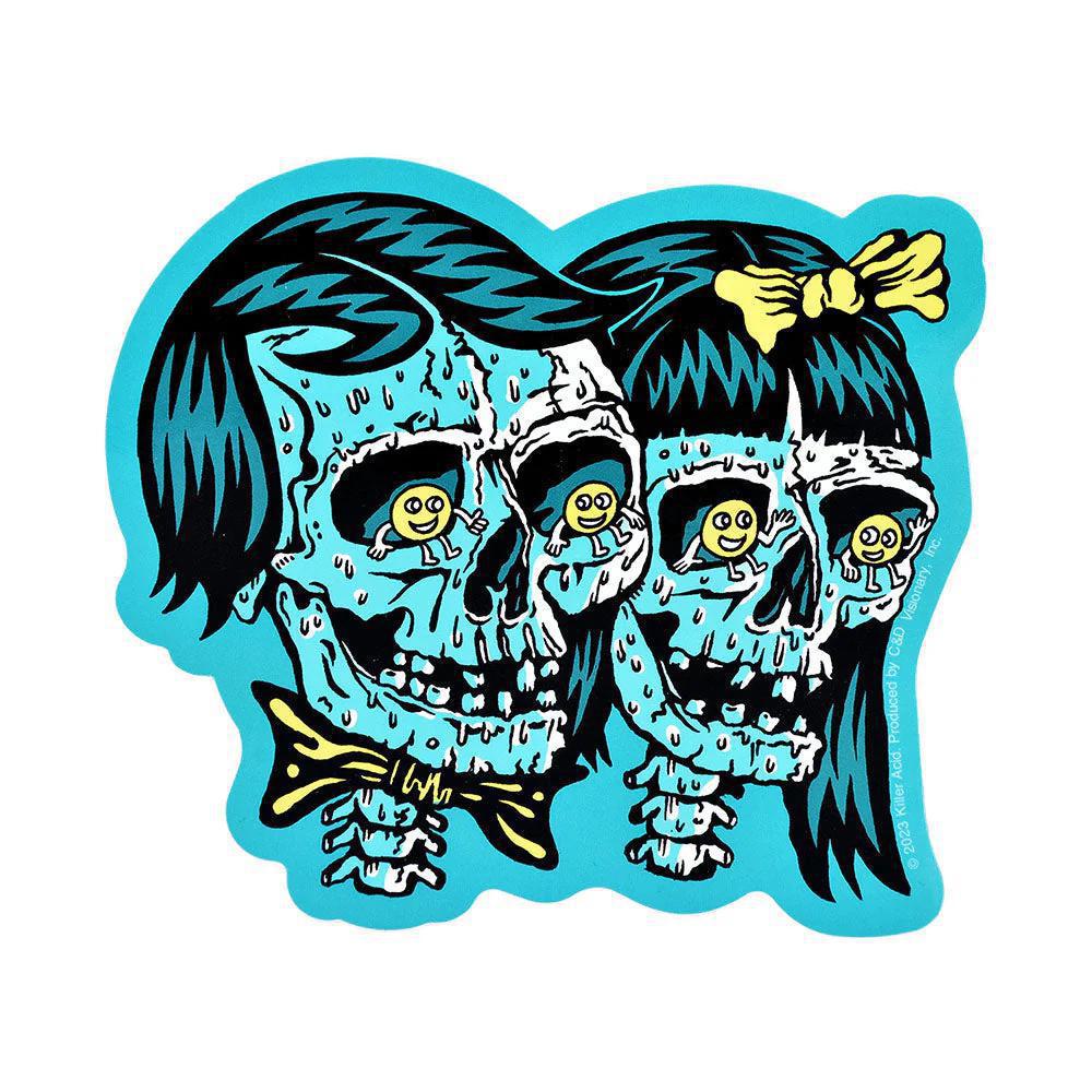 Killer Acid Sticker - Happy Couple featuring psychedelic skeletons with whimsical style on a vibrant background.