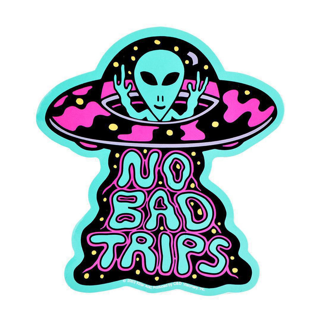 Killer Acid Sticker - No Bad Trips featuring alien in UFO with vibrant colors and trippy design.