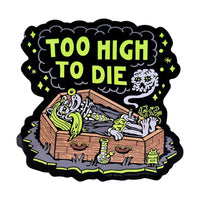 Killer Acid Sticker - Too High To Die, featuring a skeleton in a coffin with vibrant psychedelic art.