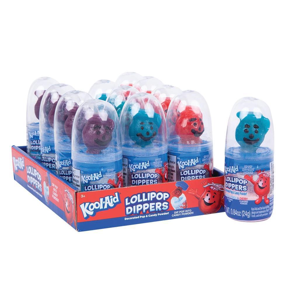 Display of Kool-Aid Lollipop Dippers with colorful fruity flavors and fun character packaging.