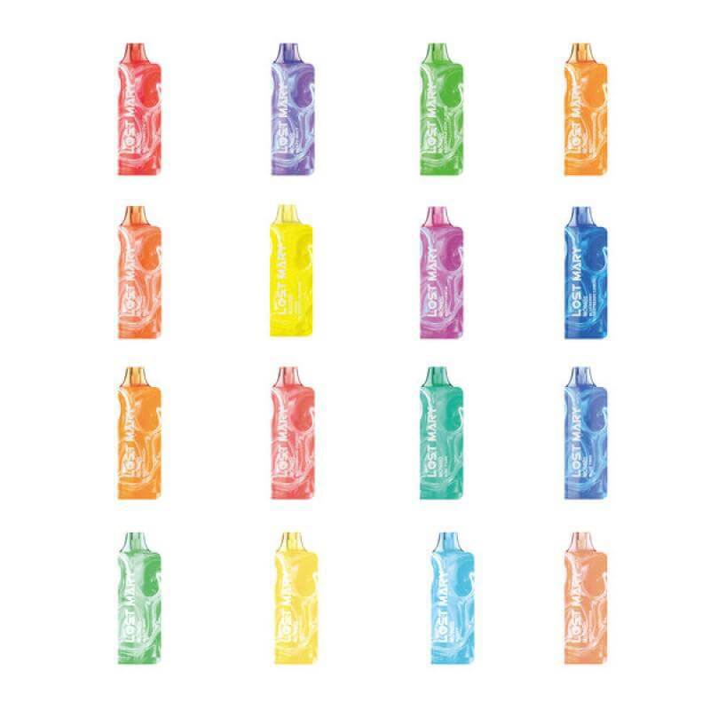 Colorful assortment of Lost Mary MO5000 disposable vapes in various flavors and vibrant designs.