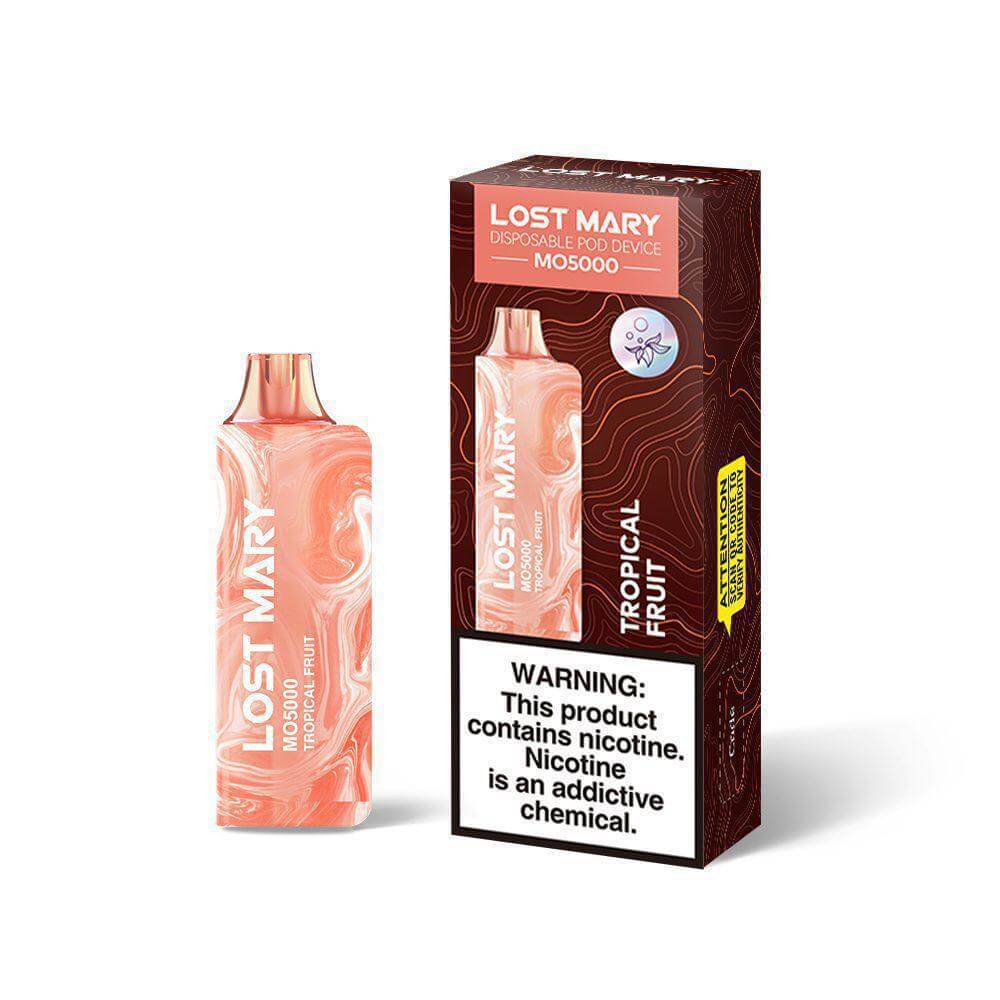 Lost Mary MO5000 disposable vape with tropical fruit flavor and packaging, offering 5000 puffs of nicotine satisfaction.