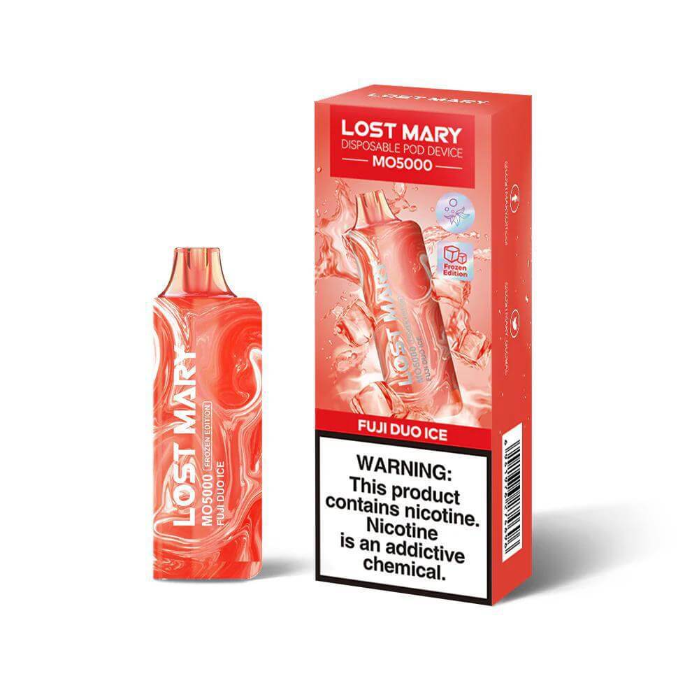 Lost Mary MO5000 Disposable vape device in Fuji Duo Ice flavor with sleek design and warning label.