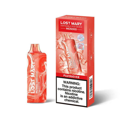 Lost Mary MO5000 Disposable vape device in Fuji Duo Ice flavor with sleek design and warning label.