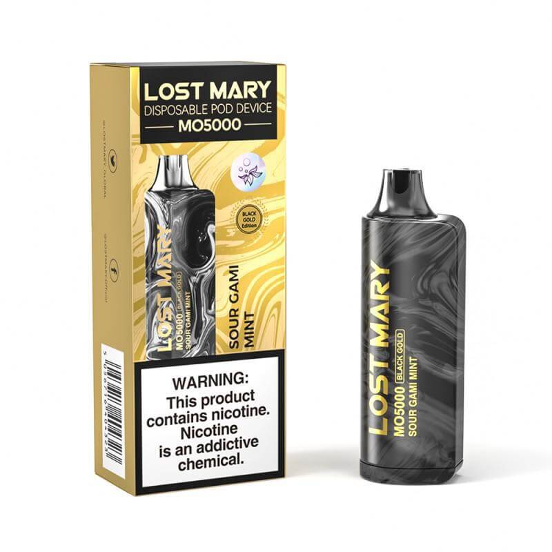 Lost Mary MO5000 disposable vape device with Sour Gami Mint flavor on packaging.