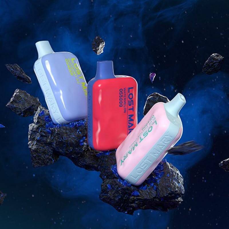 Lost Mary OS5000 disposable vapes in pink, blue, and red on a cosmic background, showcasing their sleek design.