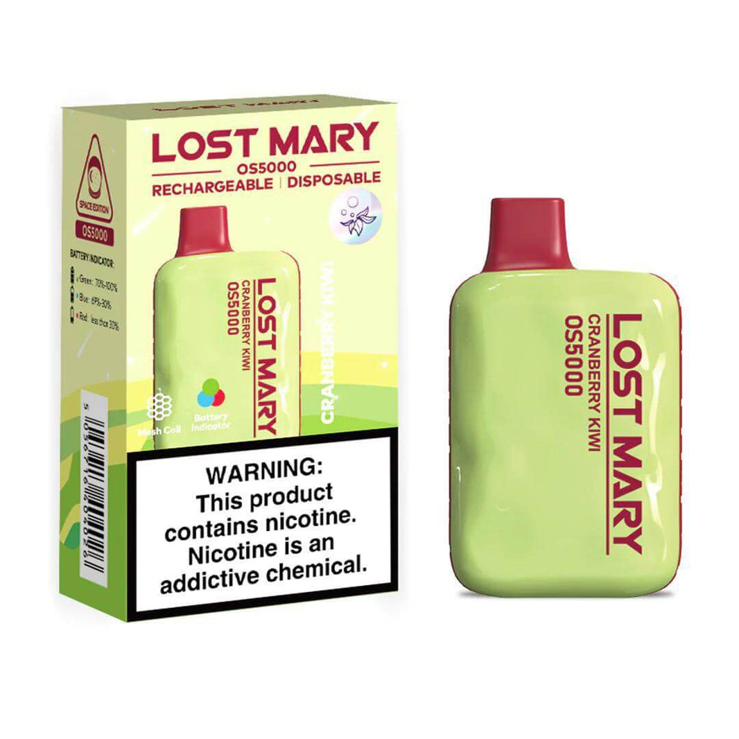 Lost Mary OS5000 disposable vape in cranberry kiwi flavor with warning label about nicotine content.