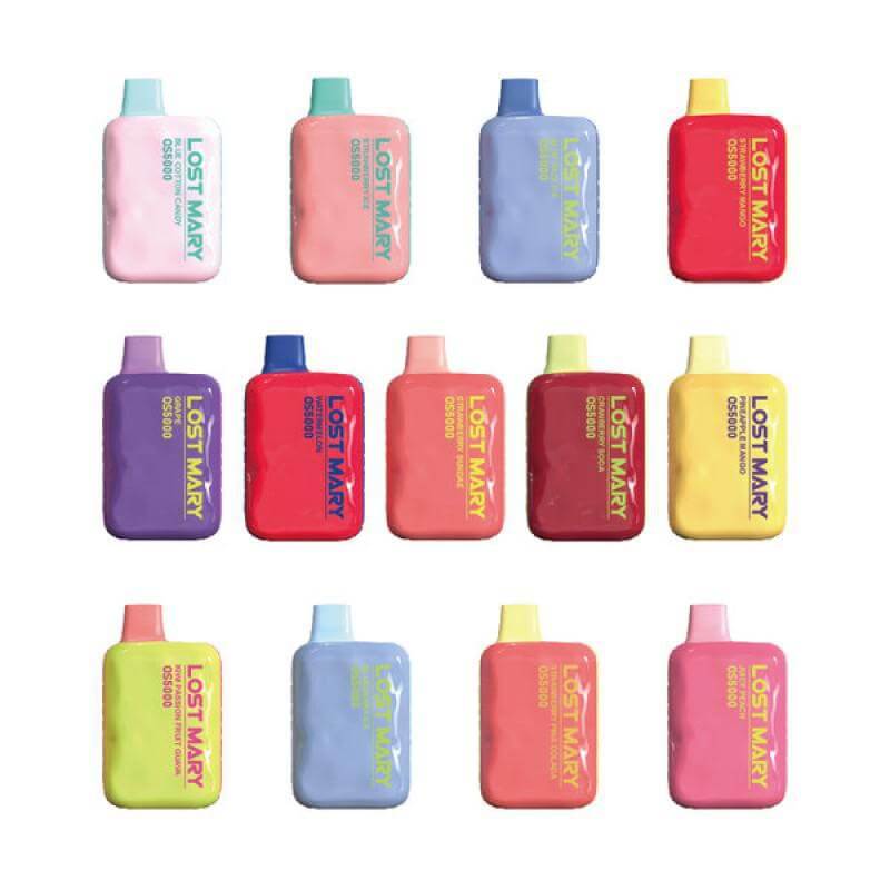 Various colors of Lost Mary OS5000 5% Nicotine Disposable Vapes arranged in a grid pattern.