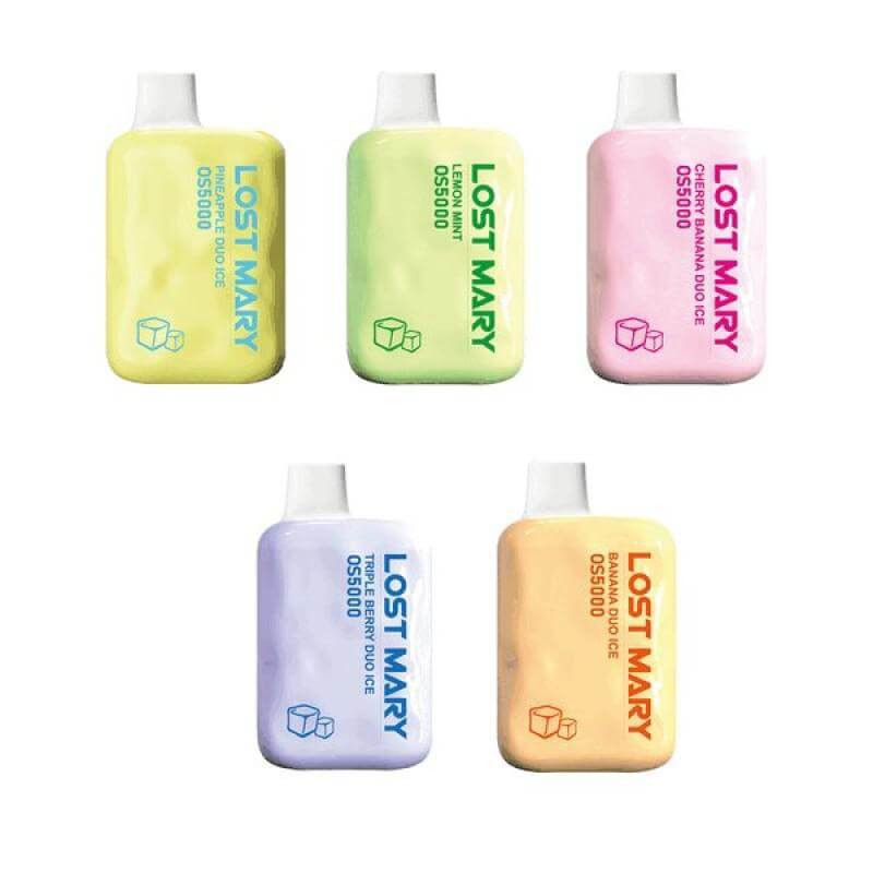 Lost Mary OS5000 disposable vapes in various colors, showcasing fruity flavors and sleek design.
