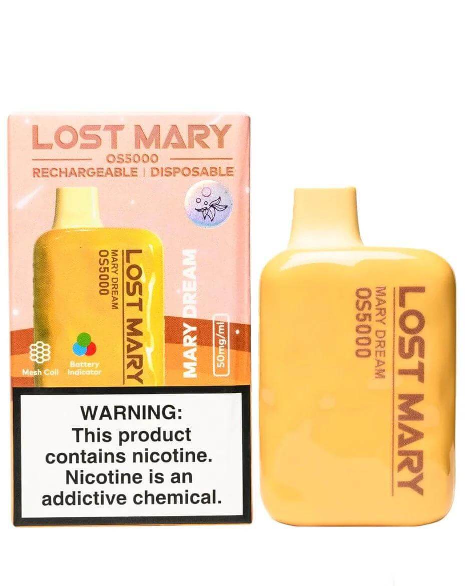 Lost Mary OS5000 disposable vape in yellow with warning label about nicotine content.