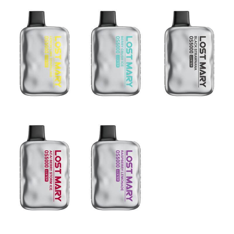 Lost Mary OS5000 disposable vapes in various flavors, showcasing sleek design and 5% nicotine strength.
