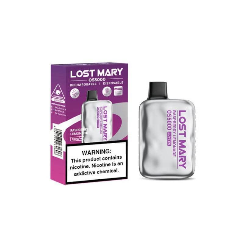 Lost Mary OS5000 disposable vape in Raspberry Lemonade flavor with packaging, featuring a sleek design and warning label.