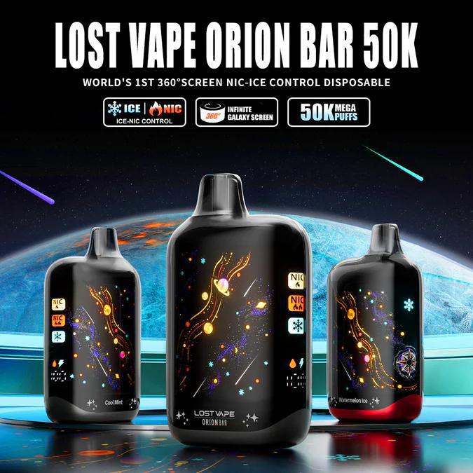 Lost Vape Orion Bar 50K disposable vape featuring a 360° Galaxy Screen, showing different flavors and 50,000 puff capacity.