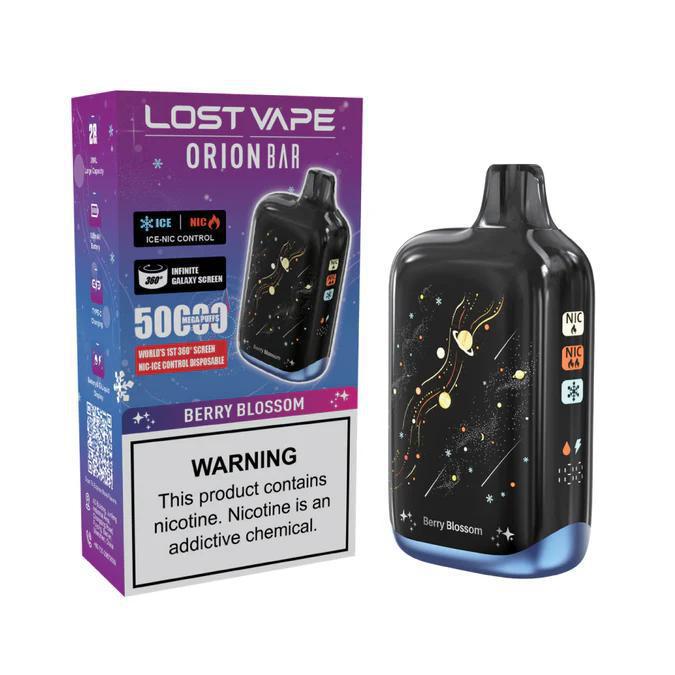 Lost Vape Orion Bar 50K Disposable - Berry Blossom flavor with galaxy design, 50000 puffs, and warning label.