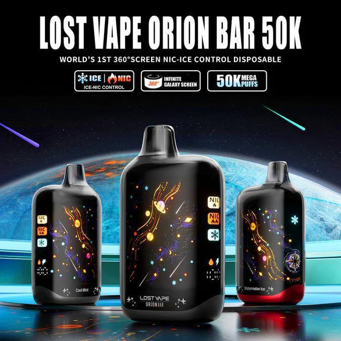 Lost Vape Orion Bar 50K disposable vape featuring a 360° Galaxy Screen, showing different flavors and 50,000 puff capacity.