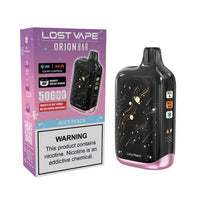 Lost Vape OrionBar 50K Disposable Device packaging and vape with infinite galaxy screen, flavor: Juicy Peach, warning label included.