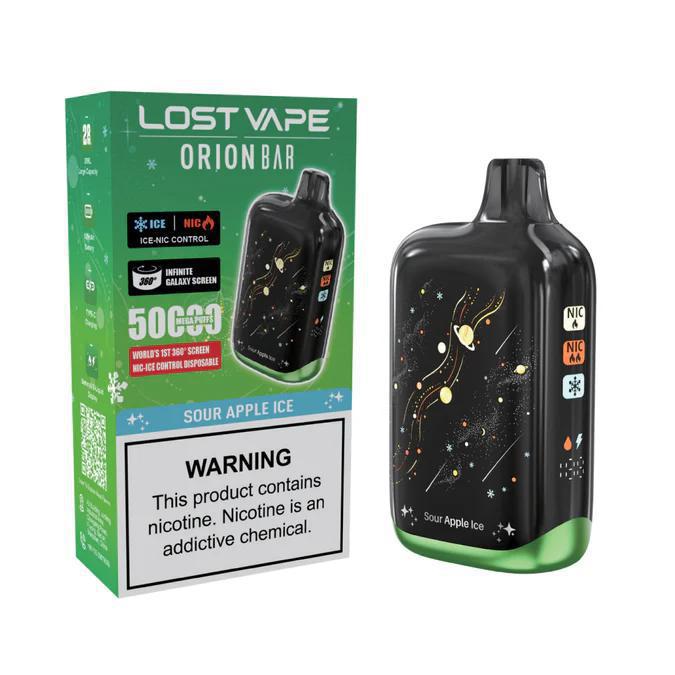 Lost Vape OrionBar 50K Disposable in Sour Apple Ice flavor with 360° galaxy design and 50,000 puffs capacity.