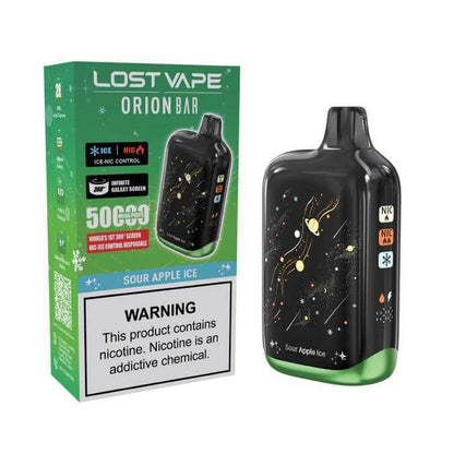 Lost Vape OrionBar 50K Disposable in Sour Apple Ice flavor with 360° galaxy design and 50,000 puffs capacity.