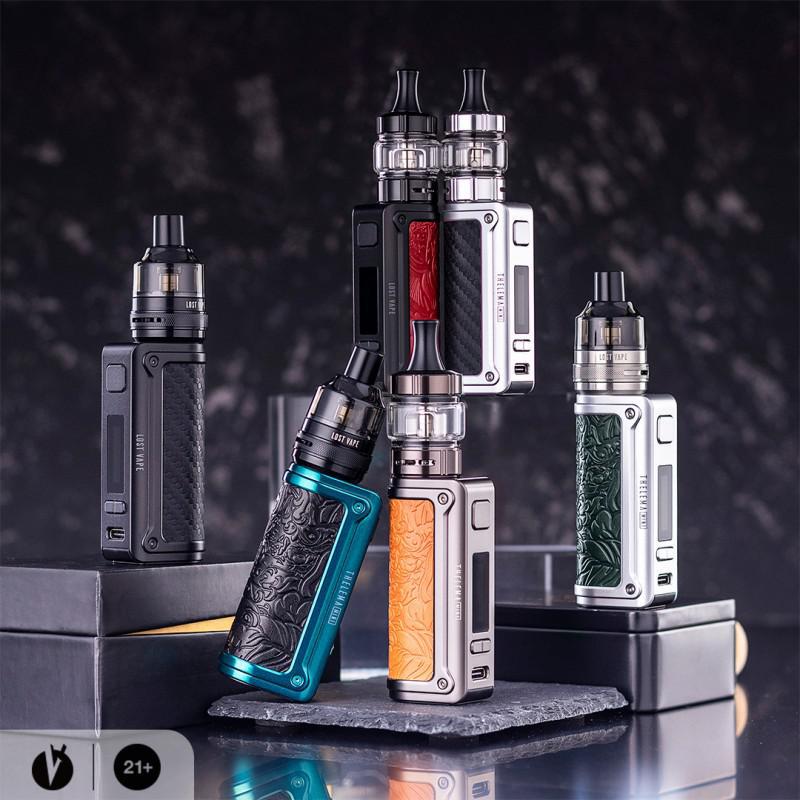 Lost Vape Thelema Mini 45W Kit w/ UB Lite Pod Tank assortment on display, showcasing various colors and designs.