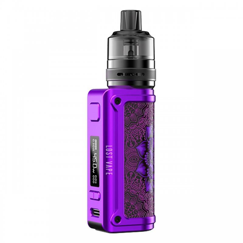 Lost Vape Thelema Mini 45W Kit w/ UB Lite Pod Tank in purple design, showcasing compact size and modern features.