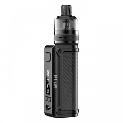 Lost Vape Thelema Mini 45W Kit w/ UB Lite Pod Tank in sleek black design with carbon fiber accents.