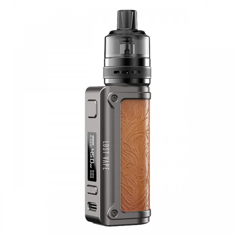 Lost Vape Thelema Mini 45W Kit w/ UB Lite Pod Tank shown in sleek design with leather finish.
