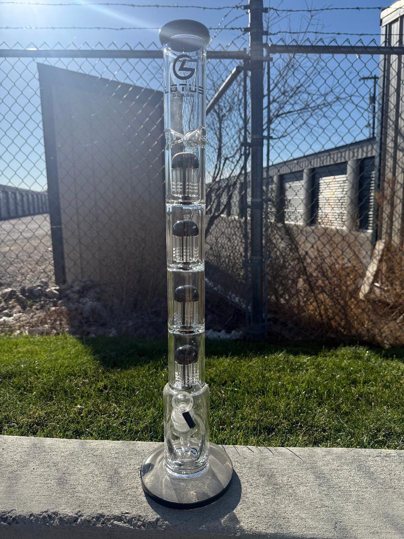 Lotus Glass Large Format Quad Tree Perc 14mm 45° displayed outdoors with natural lighting.